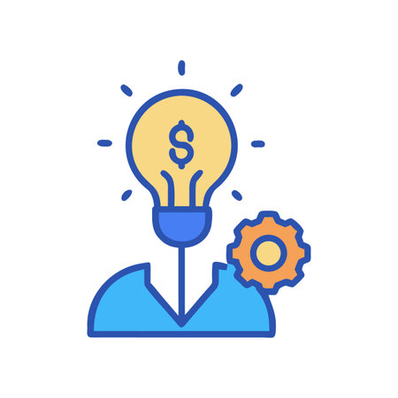 Innovative business idea: A lightbulb with a dollar sign atop an avatar with gearのイラスト素材