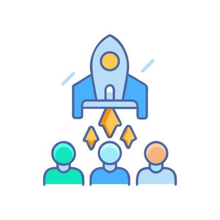 Launching innovation team concept with a rocket lifting off in flat design styleのイラスト素材
