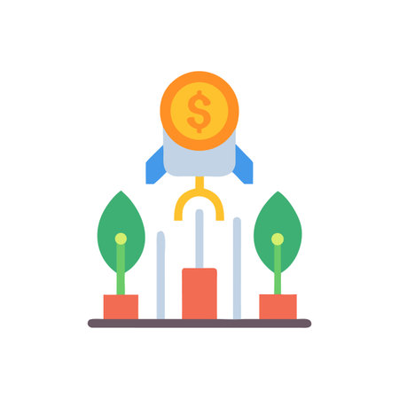 Investment growth concept with a rocket launching a coin among growing plantsのイラスト素材