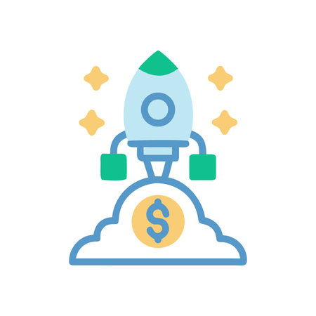 Stylized rocket launching from a moneybag, with sparkling stars, symbolizing financial growthのイラスト素材
