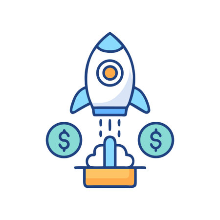 Cartoon rocket with money symbol representing business growth and financial successのイラスト素材