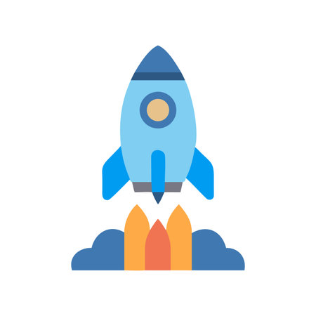 Flat design rocket ship launching with exhaust flames on a black backgroundのイラスト素材