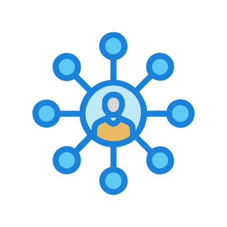 Flat illustration showcasing centralized network of a person with nodes connected to othersのイラスト素材