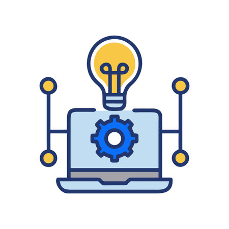 Innovative tech solutions: Laptop with gear, lightbulb and connections for creative problem-solvingのイラスト素材