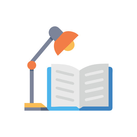 Open book under a desk lamp, flat vector illustration with black backgroundのイラスト素材