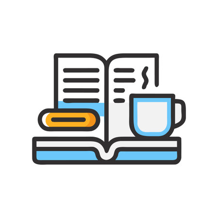 Open book with a cup of tea and bookmark representing leisure timeのイラスト素材