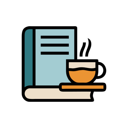 Minimalist book and tea cup illustration on black background for reading and relaxationのイラスト素材