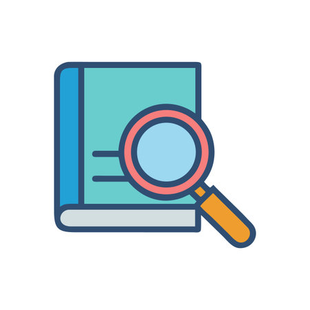 Book with magnifying glass icon representing research and information seeking in flat designのイラスト素材
