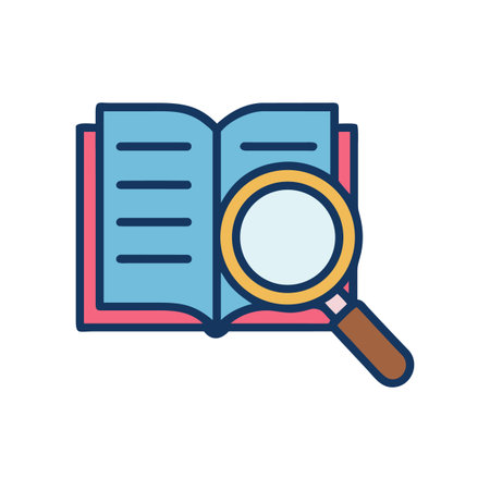 Open book with magnifying glass representing research and exploration of knowledgeのイラスト素材