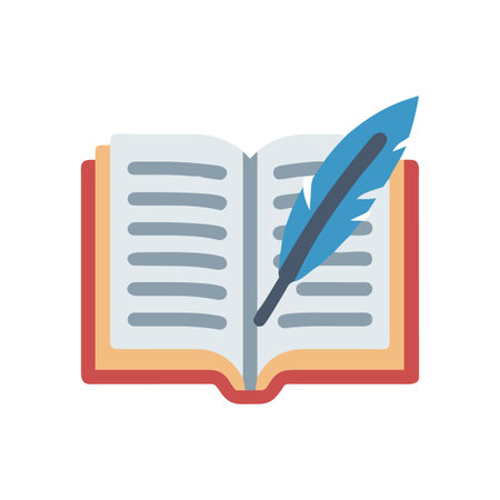 Open book with blue feather quill pen on a black background simple flat designのイラスト素材
