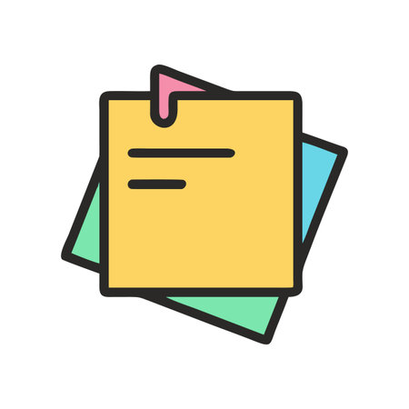 Stack of colorful sticky notes with paper clip icon isolated on black backdropのイラスト素材