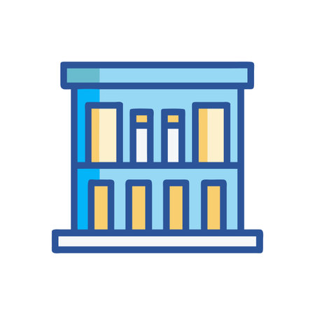 Stylized building facade icon with yellow accents and blue outlines against black backdropのイラスト素材