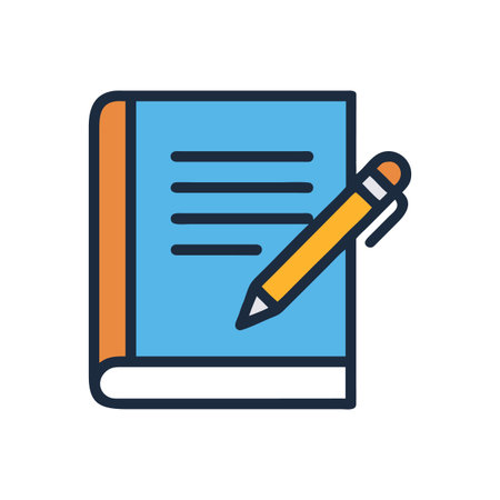 Illustration of a blue notepad with yellow pencil on a black backgroundのイラスト素材