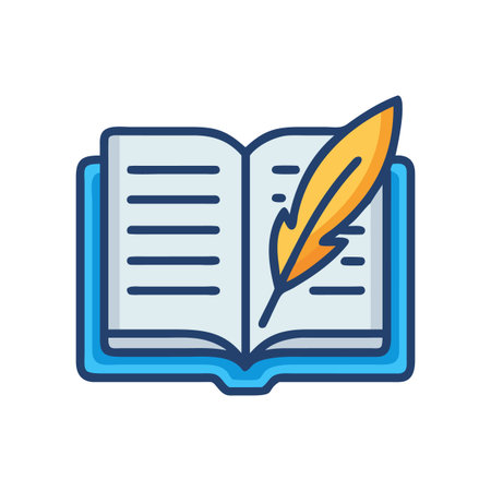 Open book with feather illustration depicting education, literature, and creative writing iconのイラスト素材