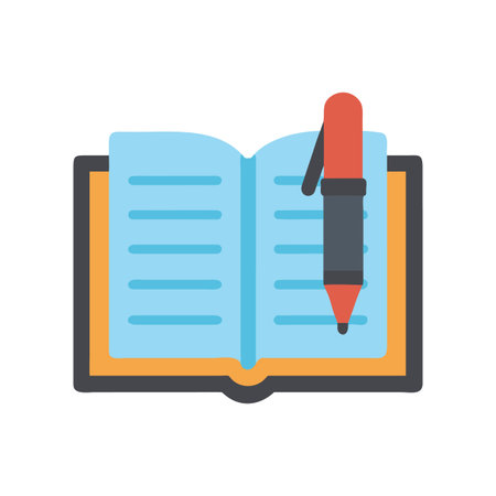 Flat illustration of an open book with a pen, against a black backgroundのイラスト素材