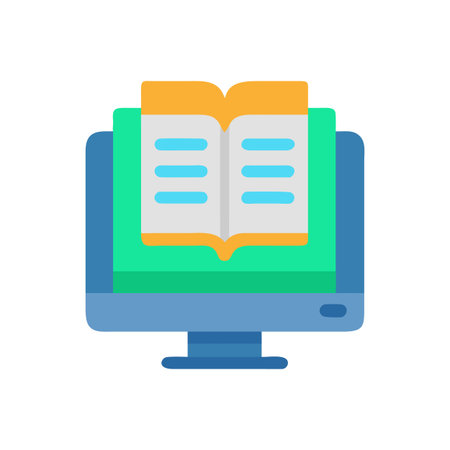 Flat vector illustration of online education concept with computer screen and bookのイラスト素材