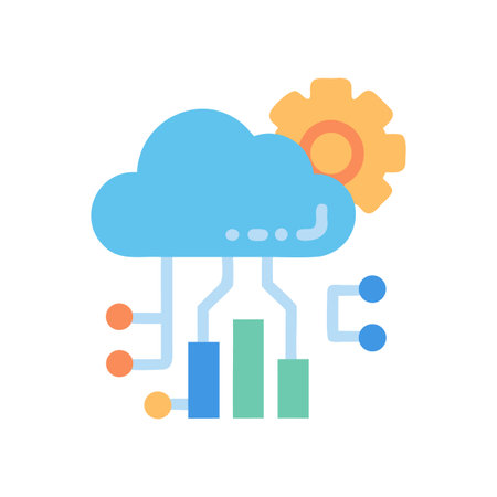 Flat vector icon illustrating cloud computing with interconnected data and settings gearのイラスト素材