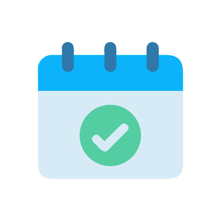 Blue calendar icon with green checkmark, task completed, schedule, agenda, reminderのイラスト素材