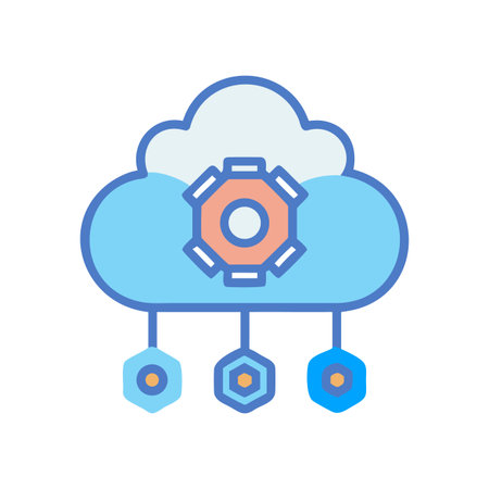 Modern cloud computing and data processing illustration featuring a central gear symbolのイラスト素材