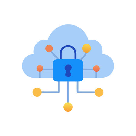 Flat design illustration of cloud computing security with padlock and connecting nodes.のイラスト素材