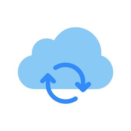 Icon of Cloud Storage Data Synchronization and Processing, Flat Design on Black Backgroundのイラスト素材