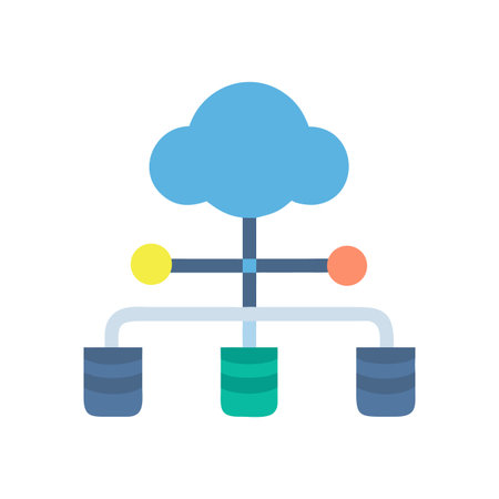 Cloud-based network infrastructure with colorful nodes and database containers on a dark backgroundのイラスト素材