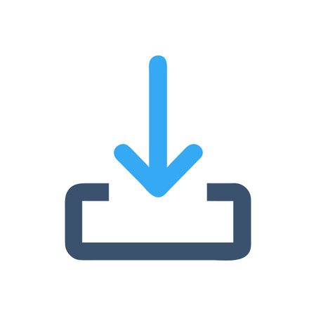 Blue download icon with dark blue tray on a clean black backgroundのイラスト素材