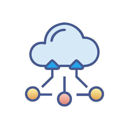 Cloud computing network connection graphic representation showing data transfer and processing across devicesのイラスト素材