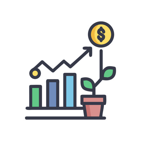 Investment growth concept showing a rising bar chart with a plant growing moneyのイラスト素材