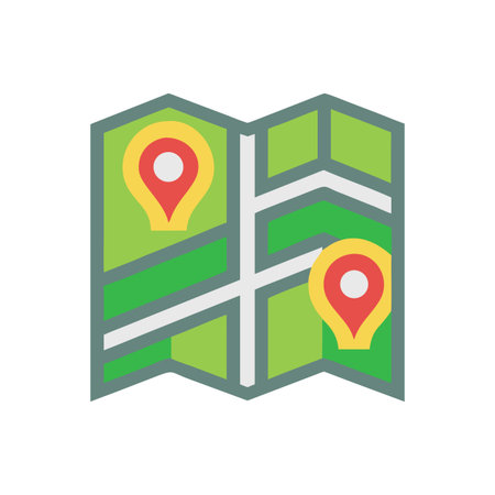 Stylized map icon with location pins, showing directions and navigation planningのイラスト素材