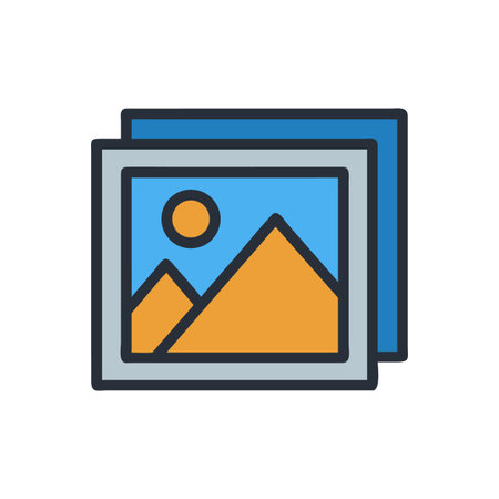 Stylized landscape icon of mountains and sun nested within a frame shapeのイラスト素材