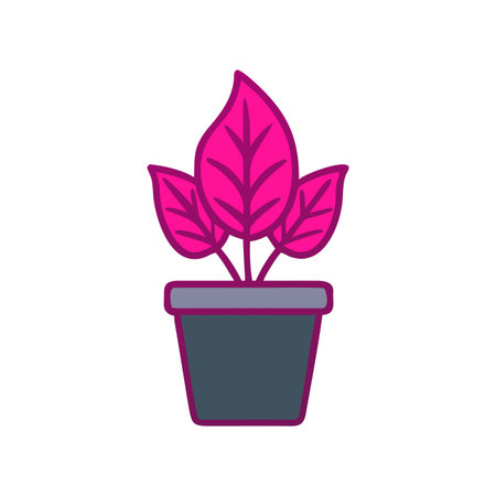 Stylized potted plant illustration with pink leaves against a black backgroundのイラスト素材