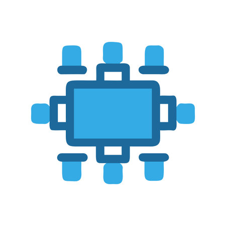 Conference table illustration. Eight chairs around the table. Flat icon style, blue color.のイラスト素材
