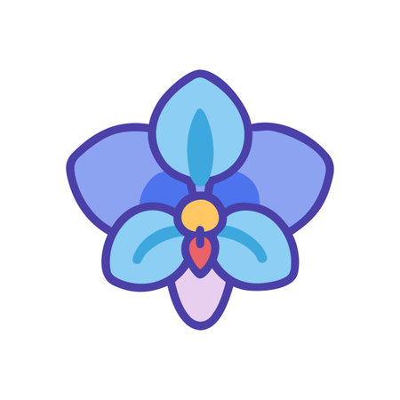 Stylized blue orchid flower icon centered on a black background, clean and elegantのイラスト素材