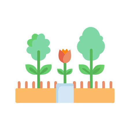 Flat illustration of garden bed with rose flower and trees on black backgroundのイラスト素材