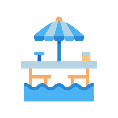 Cartoon illustration of a beach bar with blue umbrella in flat styleのイラスト素材
