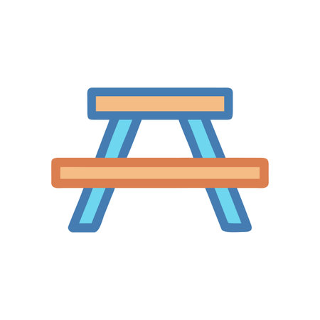 Stylized picnic table illustration against black backdrop, minimalist design for outdoor conceptのイラスト素材