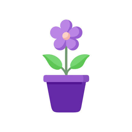 Stylized potted flower with purple petals and green leaves on black backgroundのイラスト素材