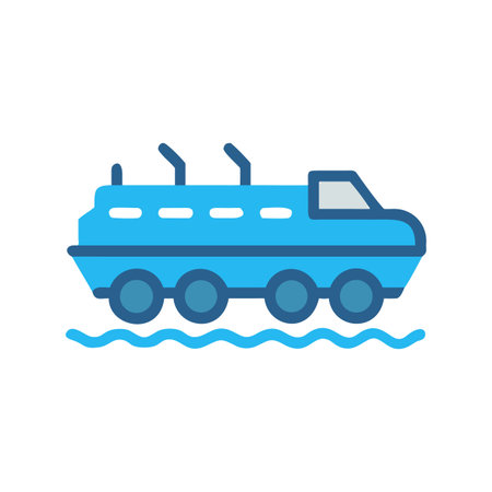 Stylized amphibious vehicle illustration crossing water in flat vector graphic styleのイラスト素材