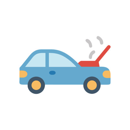 Flat design illustration of a broken down blue car with open hoodのイラスト素材