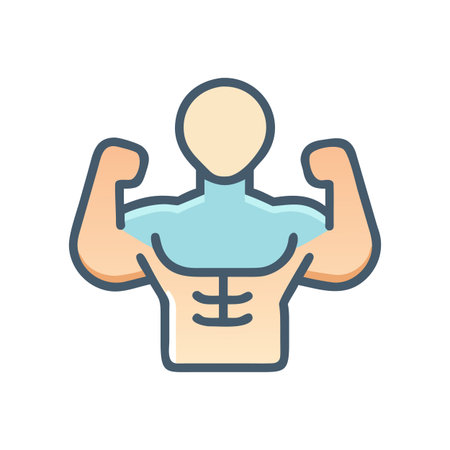 Stylized fitness icon showing muscular figure with arms flexed against black backdropのイラスト素材
