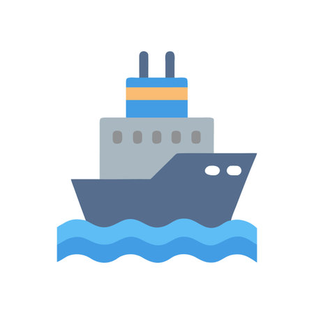 Blue and grey ship on water, flat design illustration against black backdropのイラスト素材