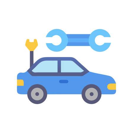 Blue car under maintenance with repair tools above in a flat designのイラスト素材