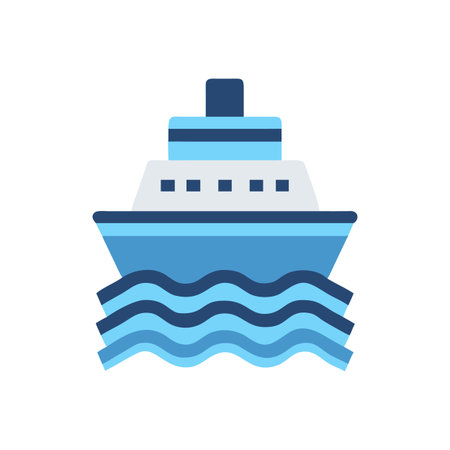 Stylized illustration of a cruise ship on water with waves, isolated on blackのイラスト素材