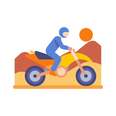 Flat design motorcycle rider explores desert landscape under a setting sunのイラスト素材