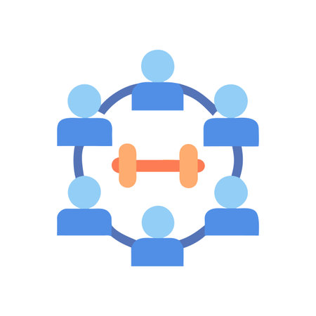 Teamwork and fitness: group connecting with barbell in middle, simple flat designのイラスト素材