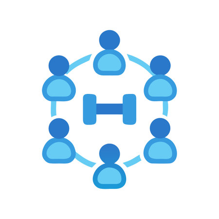 Teamwork and fitness concept with people surrounding a dumbbell in a circleのイラスト素材