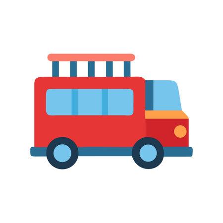 Flat vector illustration of a red fire truck with blue details on black background