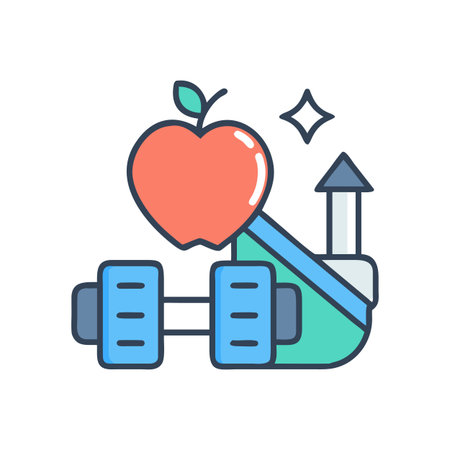 Vector art: Health and fitness illustration featuring apple, dumbbell and arrow upのイラスト素材