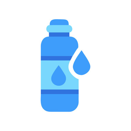 Blue bottle with liquid and drop, flat design, isolated on black backgroundのイラスト素材